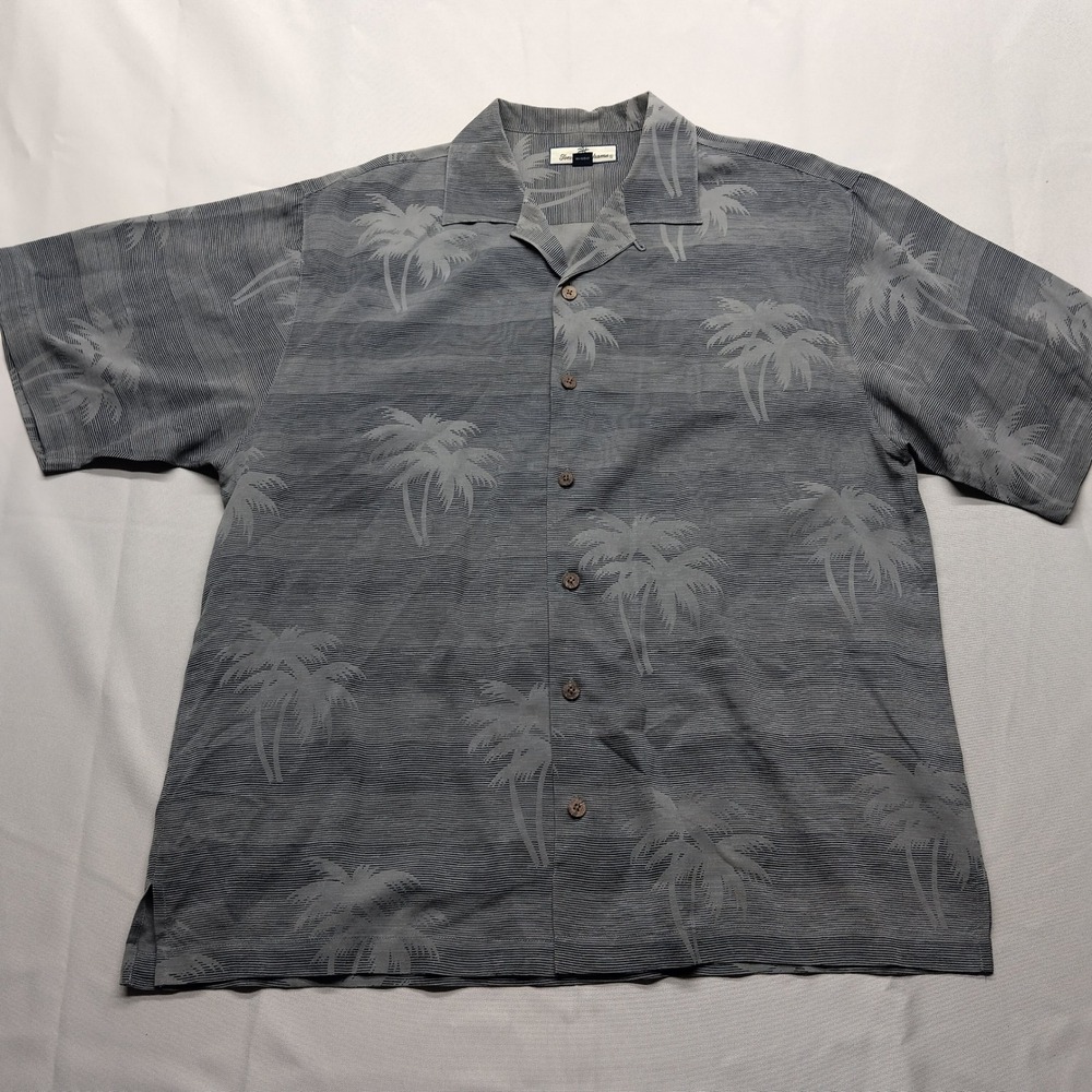 Tommy Bahama Mens Large Silk Palm Tree Jacquard Camp Shirt Grey Short Sleeve
